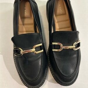 Black Leather Loafers with Gold Accent